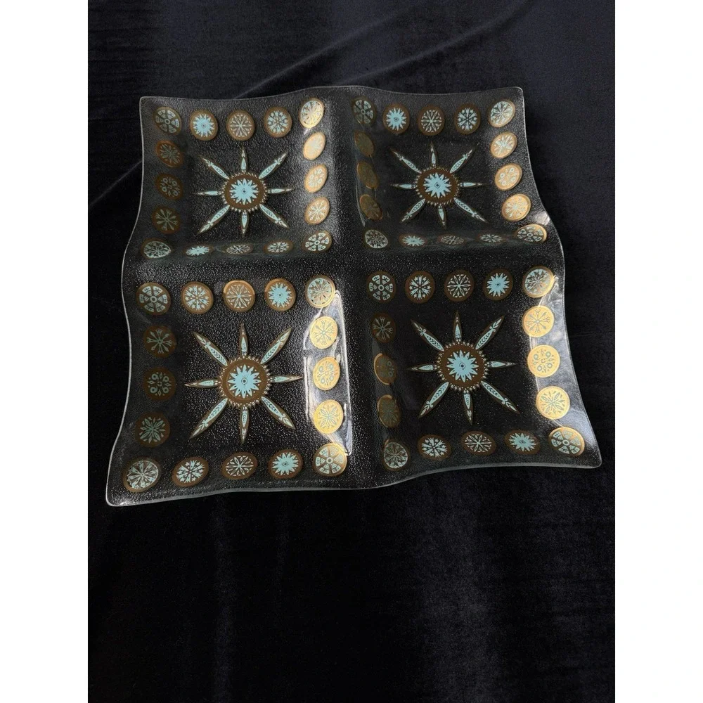 Vintage MCM CULVER Glass Carnival Turquoise Blue Gold 4 Serving‎ Tray Platter